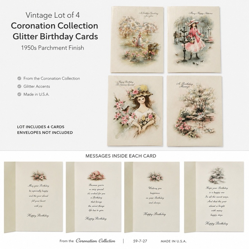 Vintage 1950s Coronation Collection Glitter‎ Birthday Cards Lot of 4 Parchment